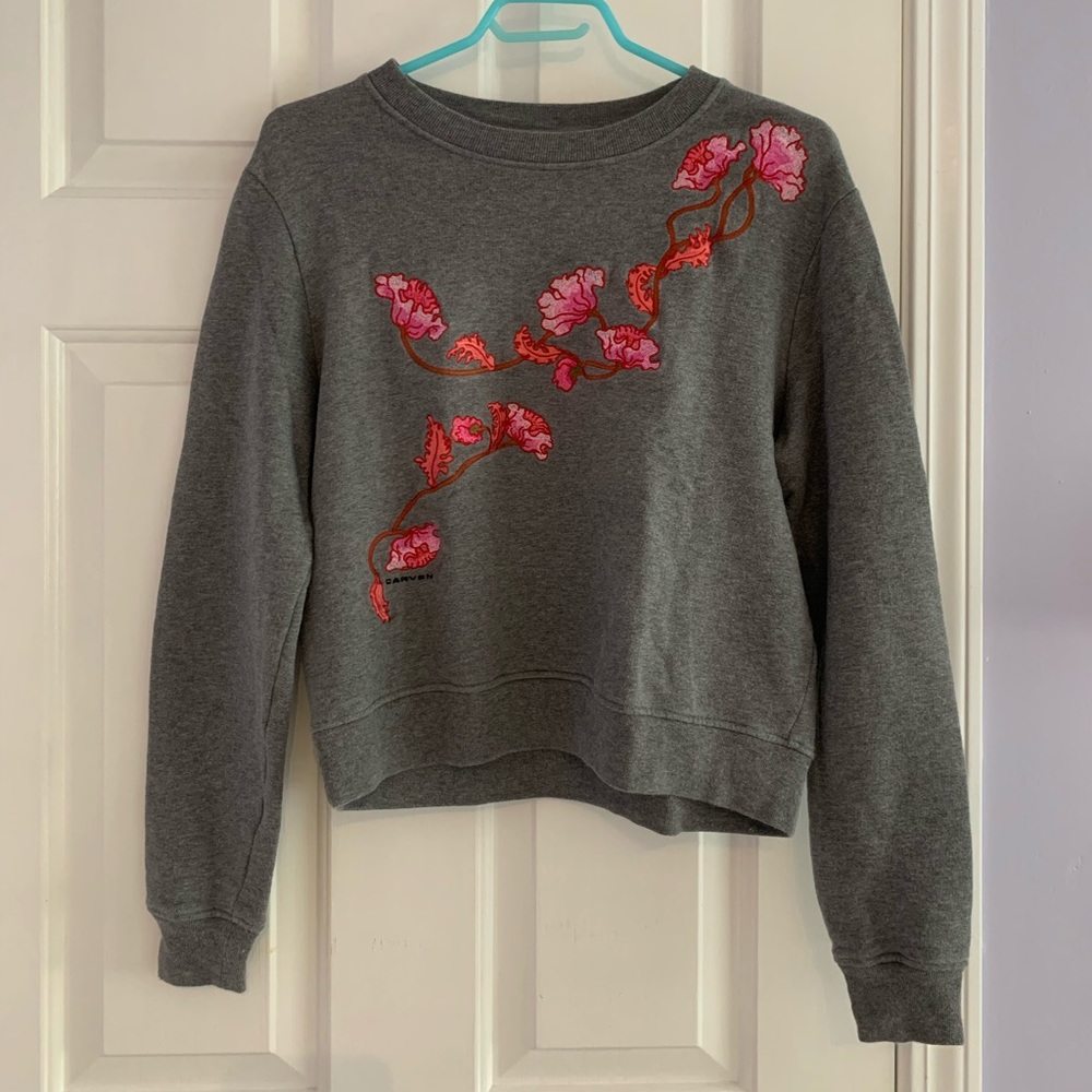 Carven Floral Grey Embroidered Cotton Sweatshirt
